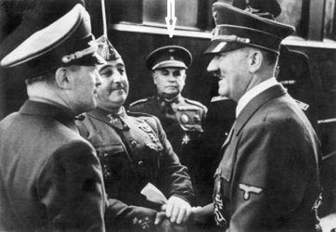 Right to left: Hitler, Eugenio Espinosa de los Monteros, Franco